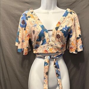 Zara Floral Wrap Blouse - Blue and Cream